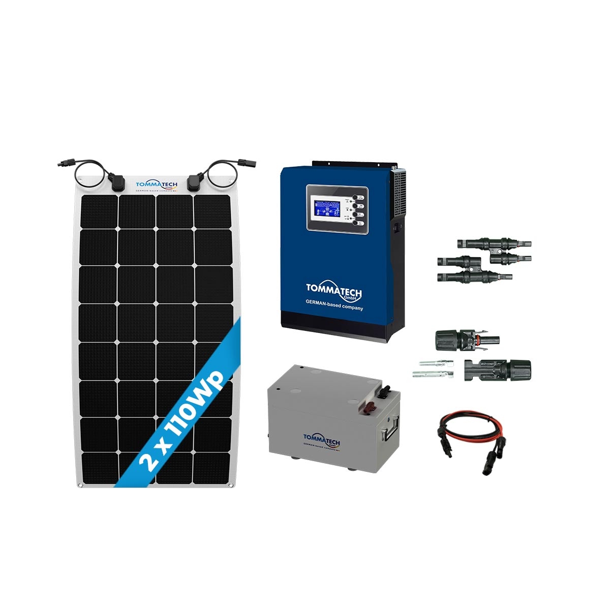 TommaTech 2 Panel (110Wp) 1KWE Off-Grid (12V) Solar-Paket